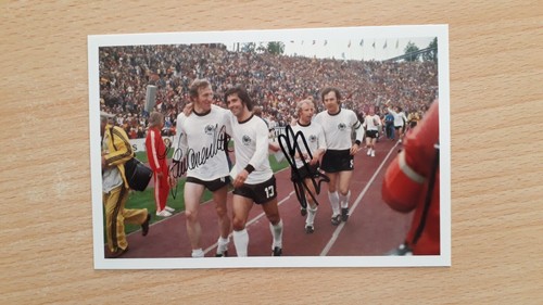 Autogrammkarte DFB Schwarzenbeck, Müller, Vogts, Beckenbauer WM Titel 1974