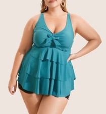 Bloomchic Plus Size 26 4X Knotted Front Ruffle Tiered Turquoise Tankini Top