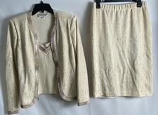 St. John Evening Women's 3 Piece Skirt Suit Set Cream Gold Metallic Knit Sz 8 P
