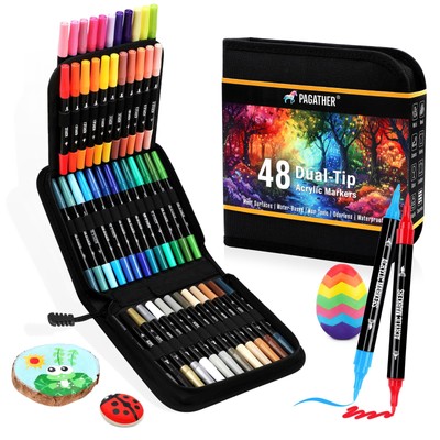 48 Colors Acrylic Paint Markers, Dual Tip with Fine Tip and Brush Tip Pens fo...