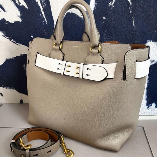 Auth Burberry Belt Handbag Tote Shoulder Bag 2way Women's Leather Gray White