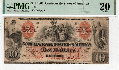 T-22 PF-1 $10 Confederate Paper Money 1861 - PMG Very Fine 20 - Nice color