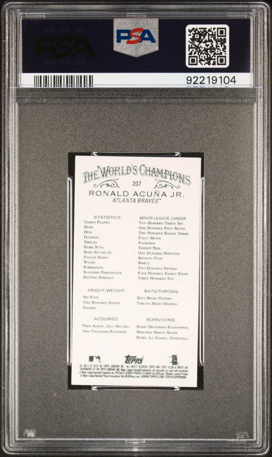 2018 ALLEN & GINTER MINI-GOLD #207 RONALD ACUNA JR. ROOKIE RC PSA 10 view 2