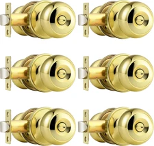 Polished Brass Privacy Interior Door Knobs Bed and Bath Keyless Door Locksets, 6