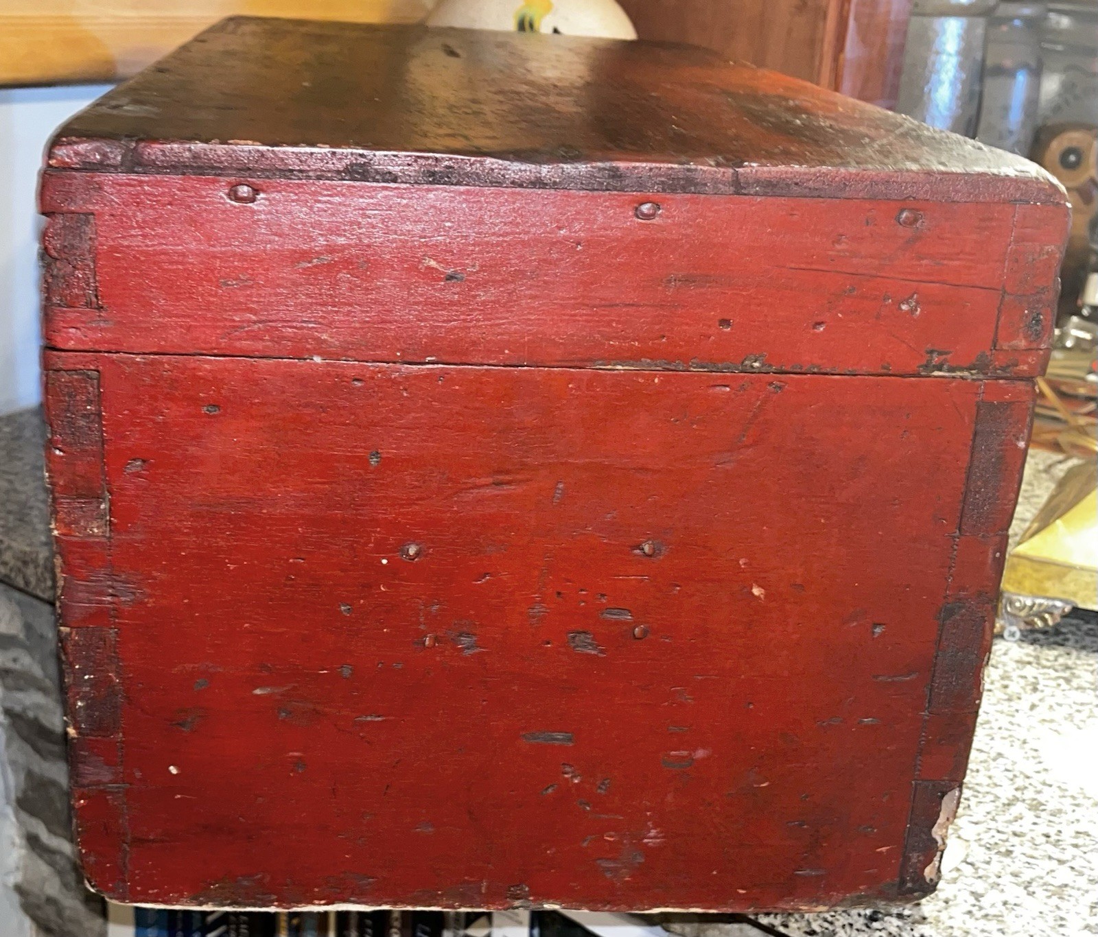 ANTIQUE DOCUMENT BOX OLD Grain Red PAINT Small Travel Trunk Dovetailed Corners