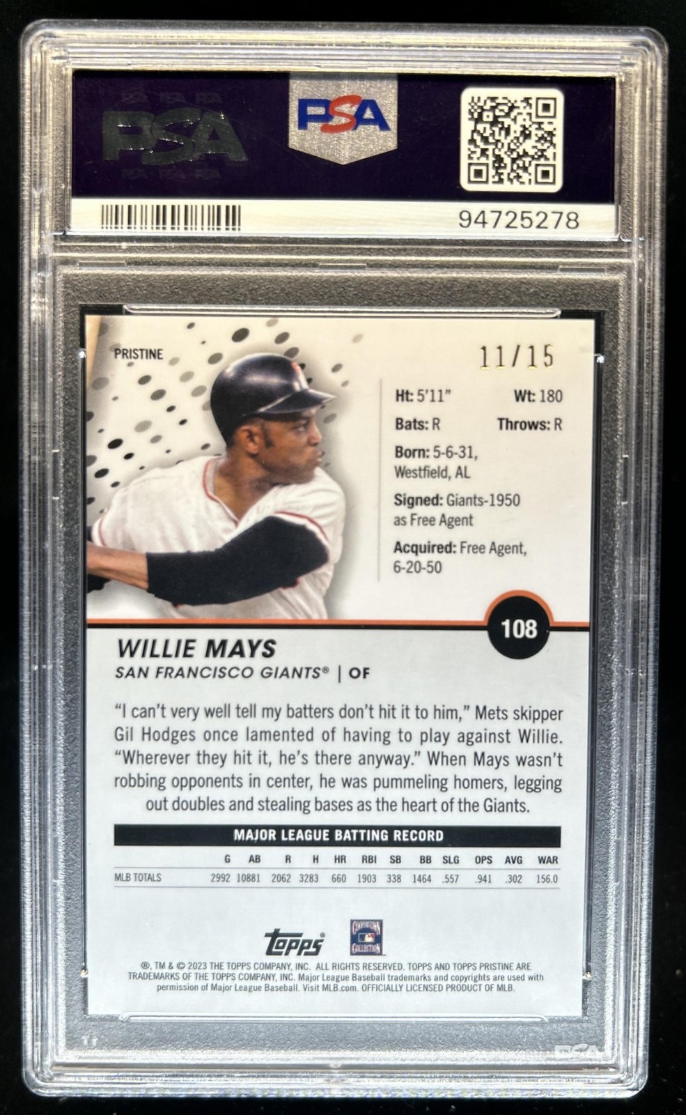 2023 Topps Pristine Willie Mays Pink #/15 Giants PSA 10 GEM MINT view 2