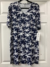 Lulu B M Navy Blue And White Palm Tree Print Short Sleeve Dress Upf50