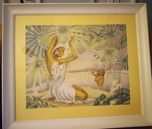 GILL HAWAIIAN AIRBRUSH ORIGINAL "BATHING BEAUTIES" PARMALEE FRAME Vintage 1940s 