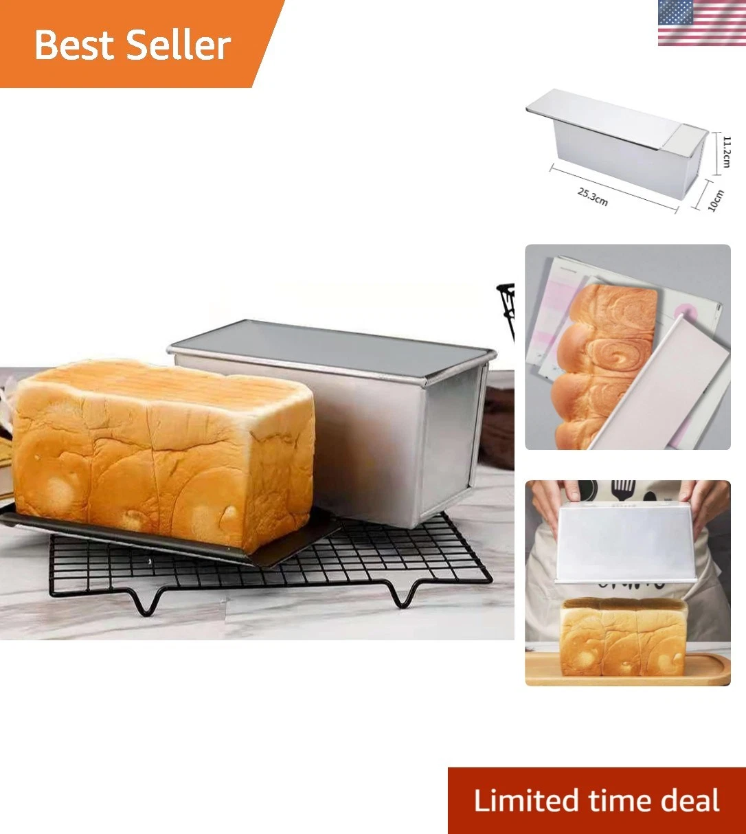 Versatile 10x3.93x4.4in Pullman Loaf Pan with Lid - Durable Non-Stick Bakeware