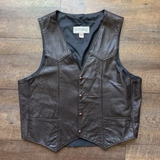 Vintage 1980s Mens Large Steer Brand USA Made Brown Leather Biker Button Vest
