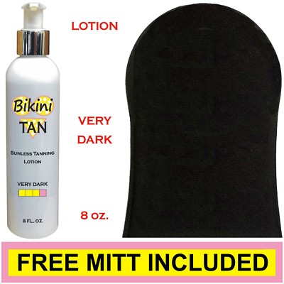 BIKINI TAN - Sunless Self Tanning Lotion - VERY DARK - 8 oz + Best Tanner Mitt.