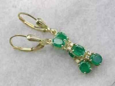 14K Yellow Gold Plated 2.5ct Oval Lab Created Emerald & Diamond Dangle Earrings