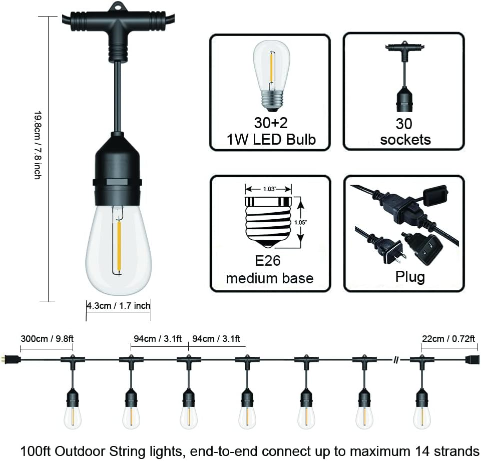 Outdoor String Lights LED 100FT Commercial Grade Heavy Duty Light
