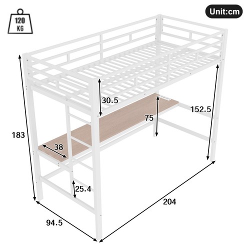 Hochbett Eisenbett 90x200cm Jugendbett Kinderbett mit Groß Schreibtisch Weiß - Bild 6 von 11