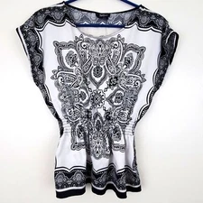 Amy Wear Black and White Bandana Print Kaftan Blouse Ruched Waist Size Medium