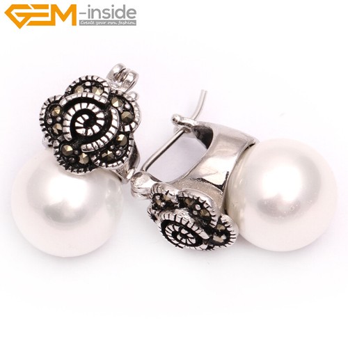 Pendientes de piedra arenisca perla blanca flor plata marcasita cuentas encanto - Imagen 5 de 48