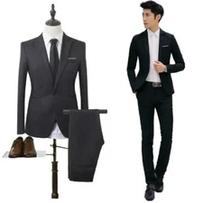 Fashionable Men's Slim Fit Korean Style Suit Jacket Trousers 2pcs Western-style
