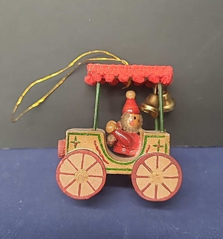 Russ Bernie Wooden Riding Wagon Santa with Bells Christmas Ornament VTG