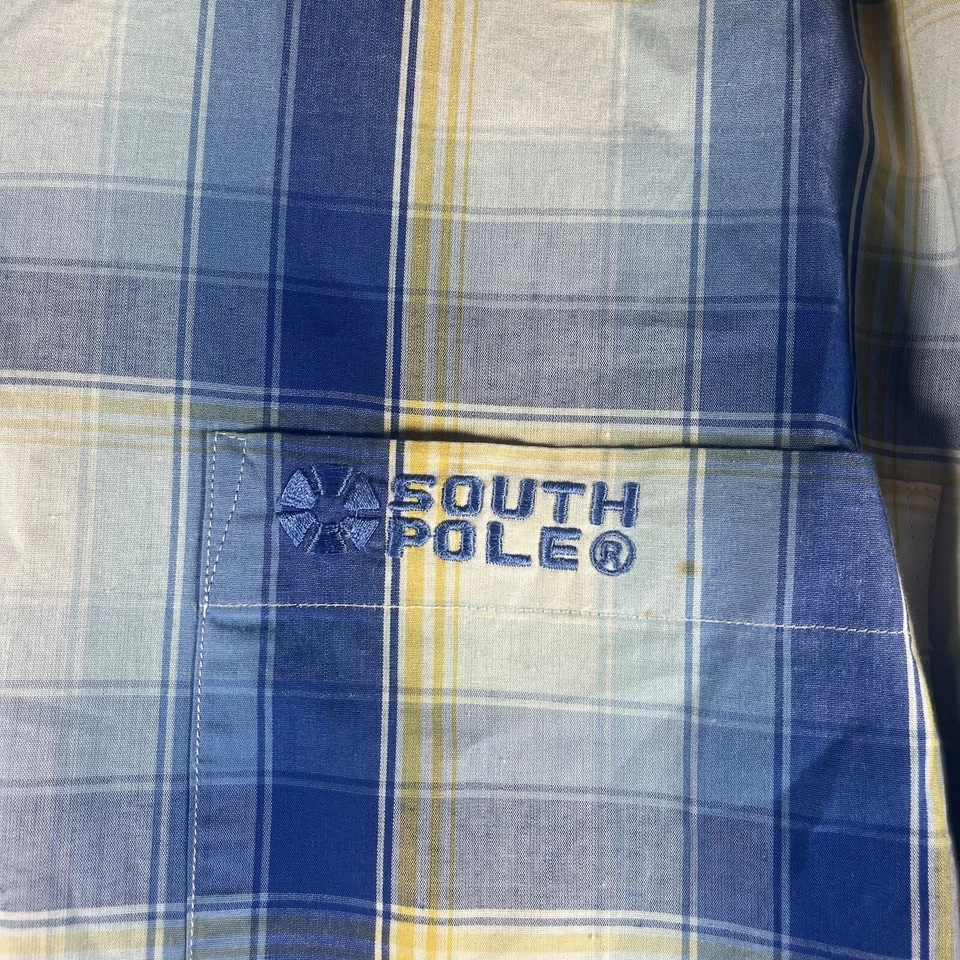 Camisa Polo Sur Para Hombre Azul Amarillo A Cuadros Abotonada Manga S Talla 2XL Algodón Y2K Foto 4 de 4