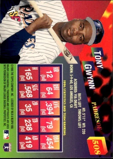 1995 Stadium Club #508 Tony Gwynn Padres HOF - Image 2 of 2
