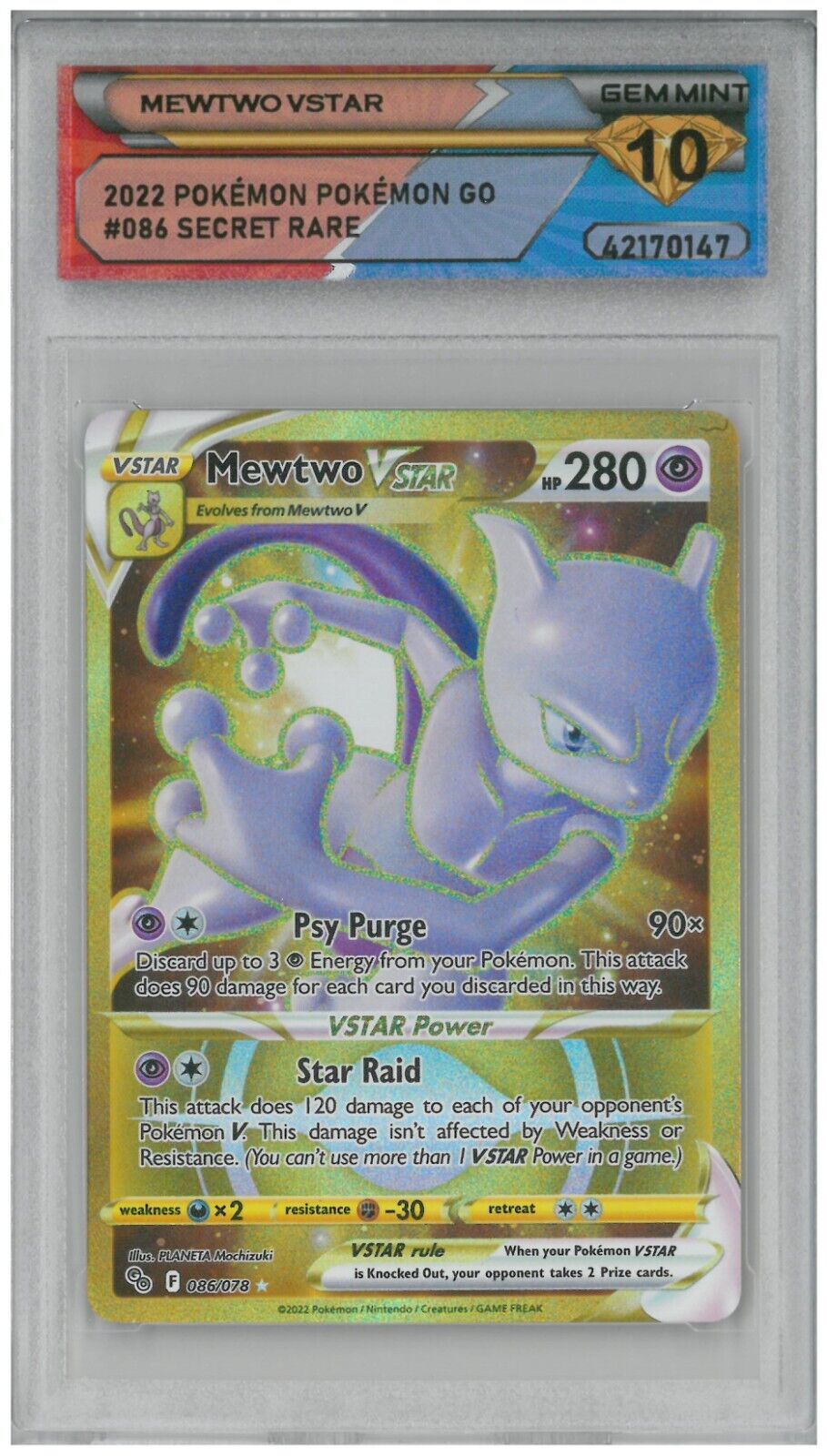 2022 Pokemon Go Mewtwo Vstar 086/078 Secret Gold Full Art PSA 9 MINT