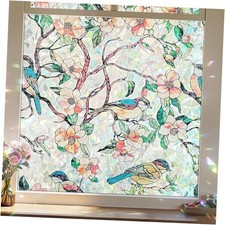 Window Privacy Film, Stained Glass 17.5" x 78.7" Blooms  Birds Paradise