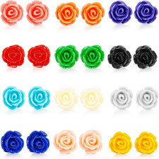 12 Pairs Assorted Colors Resin Rose Flower Earring Studs Set Stainless Steel Pos