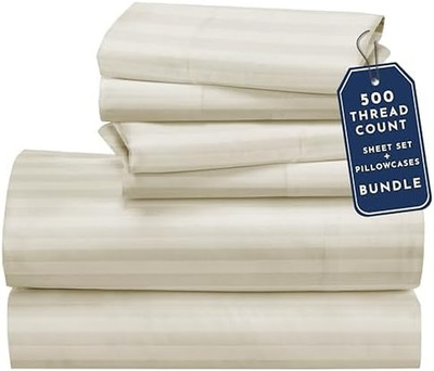 Bedding Bundle - Queen Striped Sheet Set with 4 Pillowcases, 500 Thread Count, 1