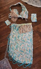 Women's Belly Dance 2-Piece Costume Blue Sequin Fringe Bra Top Skirt Set