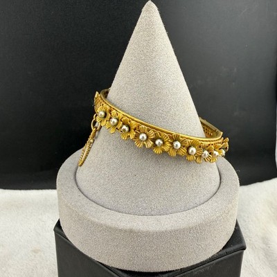 Vintage Miriam Haskell Bangle Bracelet Gold Tone Flower Hinged 6.5  READ