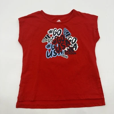 Adidas T-shirt Kids Girls Size 6 Red Graphic Print Logo .#43181 - Image 1 of 4