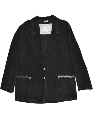 VINTAGE Womens 2 Button Denim Blazer Jacket UK 18 XL Black Cotton AP07