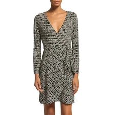 Cynthia Rowley Wrap Dress Womens XS Black White Geometric Print Coastal Modern