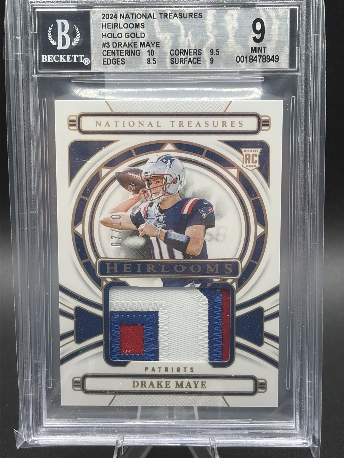 2024 National Treasures Drake Maye Heirlooms Patch Holo Gold RC #7/10 BGS 9