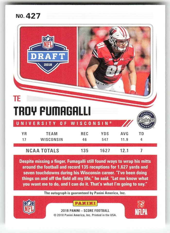 2018 Score #427 Troy Fumagalli FOOTBALL Wisconsin Badgers - Image 2 of 2