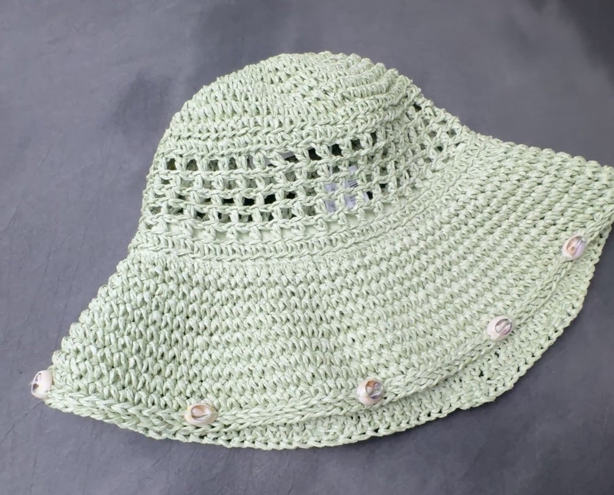 Zara NWT Shell Crochet Bucket Hat Sage Green Raffia Straw  display picture 1