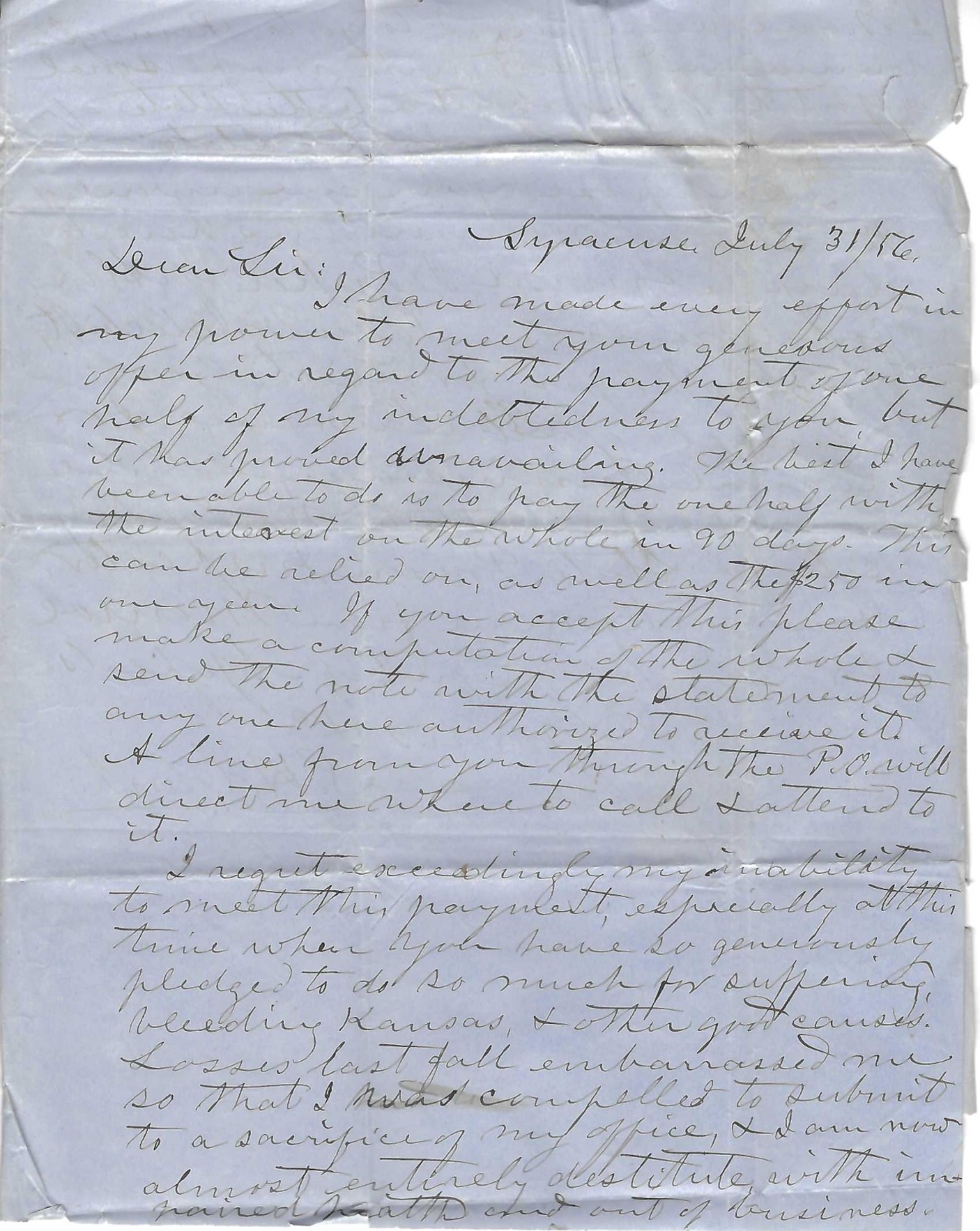 Clark, S. H., 1856 Syracuse Letter to Reformer and Abolitionist Gerrit Smith