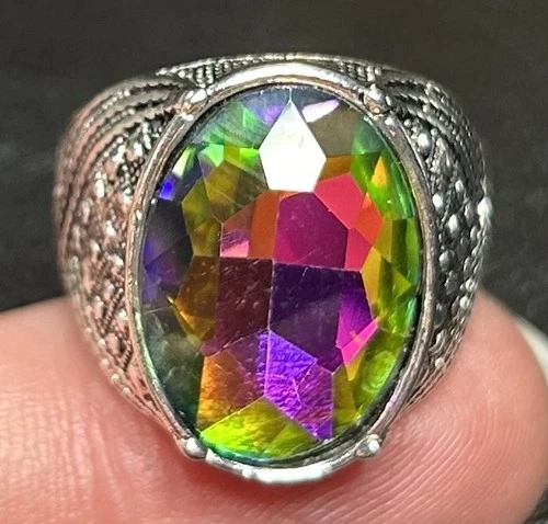 Retro Sz 9 Beautiful Mystic Topaz Silver T Ring