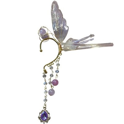 Purple Iridescent Fairy Wing Ear Cuff Gold Tone Dangle Crystal Fantasy Wrap
