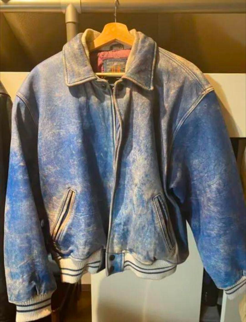 Rare Vintage Blue Leather Jacket Varsity No.sj2962 MEDIUM SIZE