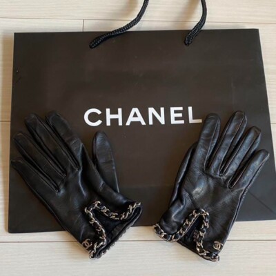 CHANEL Coco Mark Gloves Size 6 Leather Black Color Accent Chain