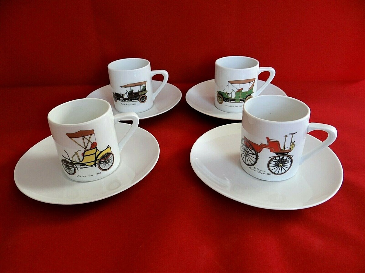 Lot of 4 1960's Schumann Arzberg Demi Tasse Cups + Saucers Vintage Cars Bavaria