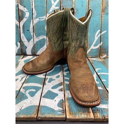 Dan Post Western Boots Boys Sz 10.5D Teddy Rubber Square Rust Green DPC2946