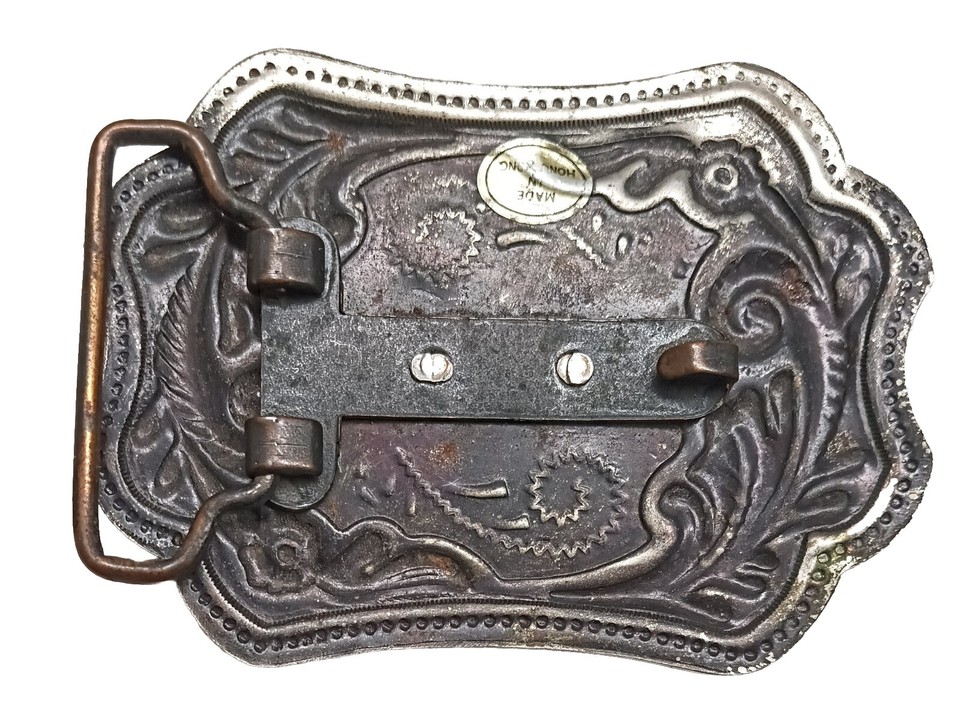 Vintage Silver Tone & White Enamel Western Belt Buckle Made in U.S.A