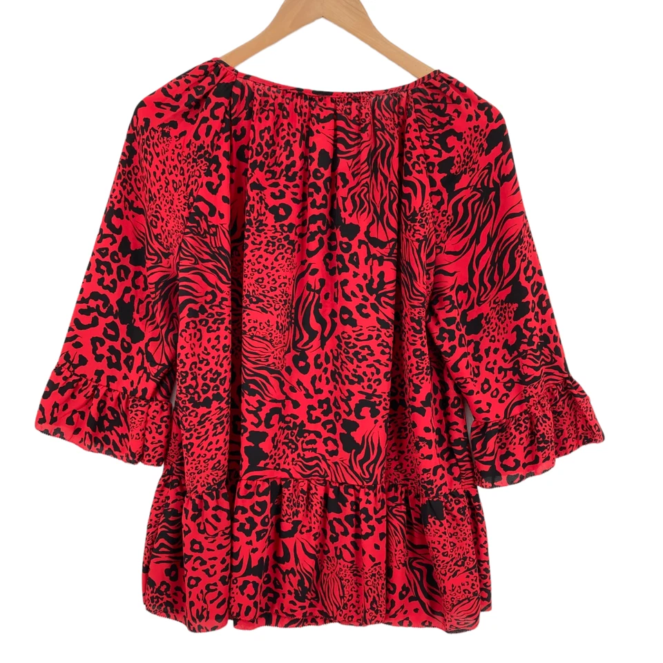 Blusa Top Kensie Para Mujer Roja y Negra Estampado Animal Boho Manga Acampanada Talla XL Foto 3 de 4