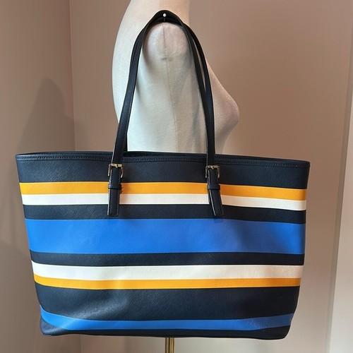 Michael Kors Jet Set Tote Bag Navy Blue Yellow White Stripe Nautical Beach Large - Picture 5 of 16