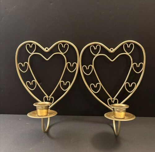 2 Vintage Wall Sconce Candle Holders Heart Shaped Metal Gold Home Interiors