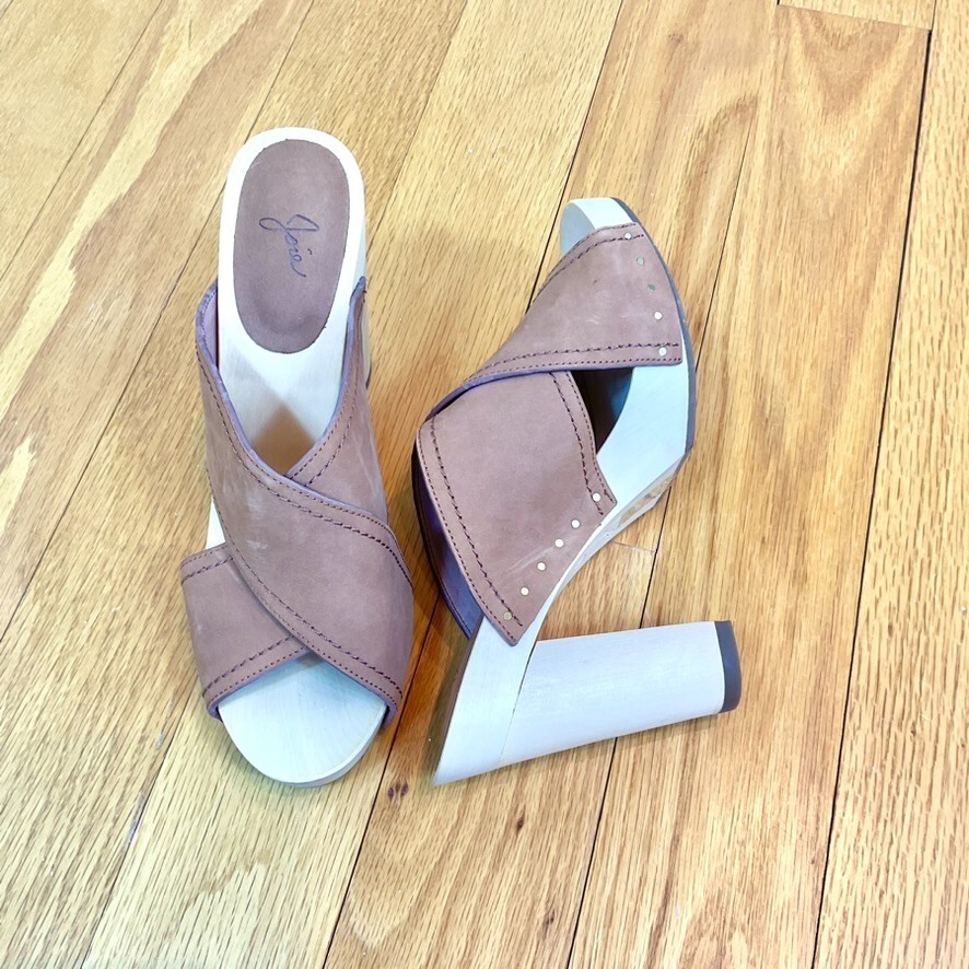 Joie Leather Boho Platform Sandals Slip On High Heel Brown Ivory Size 38.5