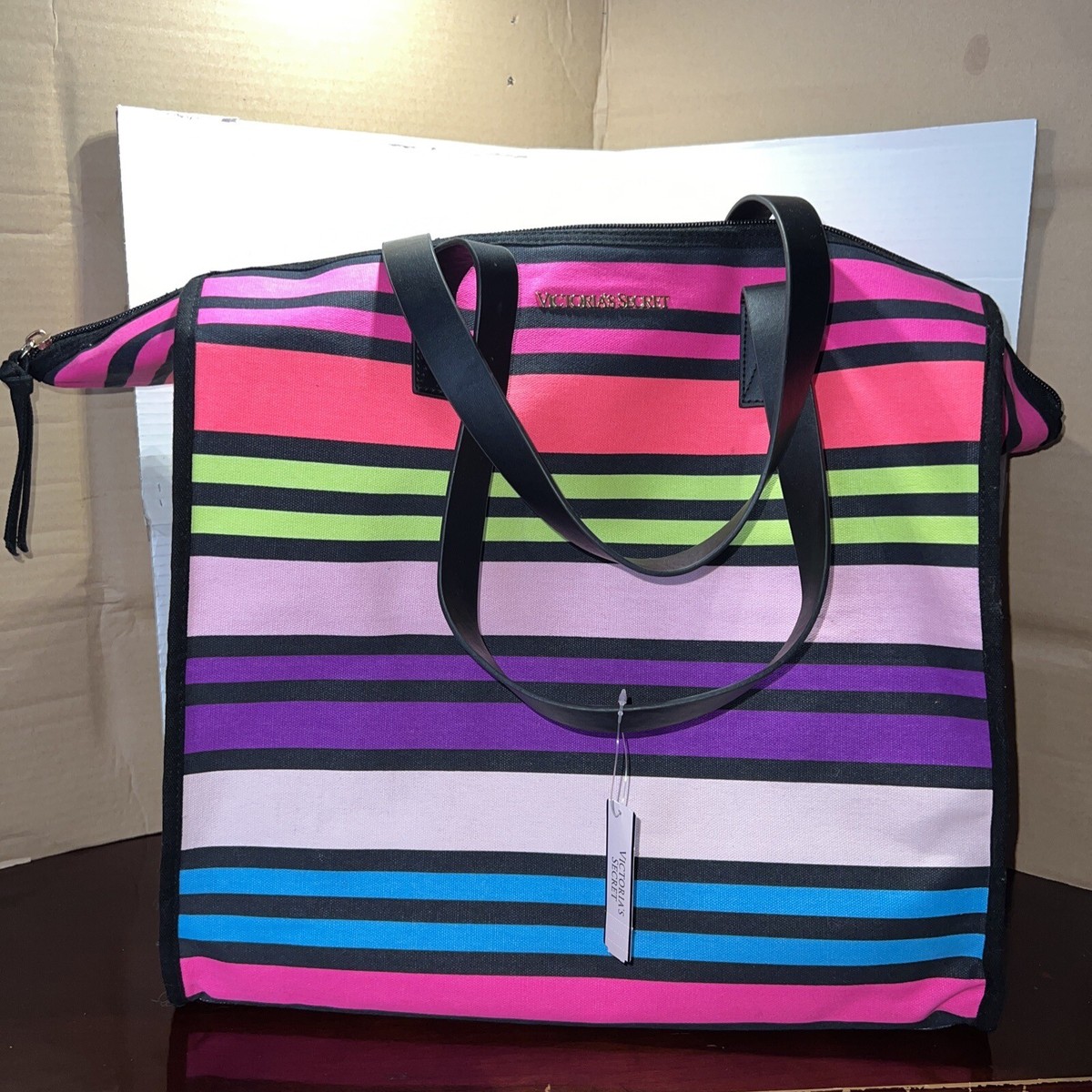 VICTORIA SECRET Bright Neon Rainbow Striped LARGE TRAVEL