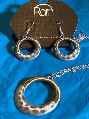 Textured Silver & Copper Wire Necklace Set With Earrings Rain Brand New 16-18 